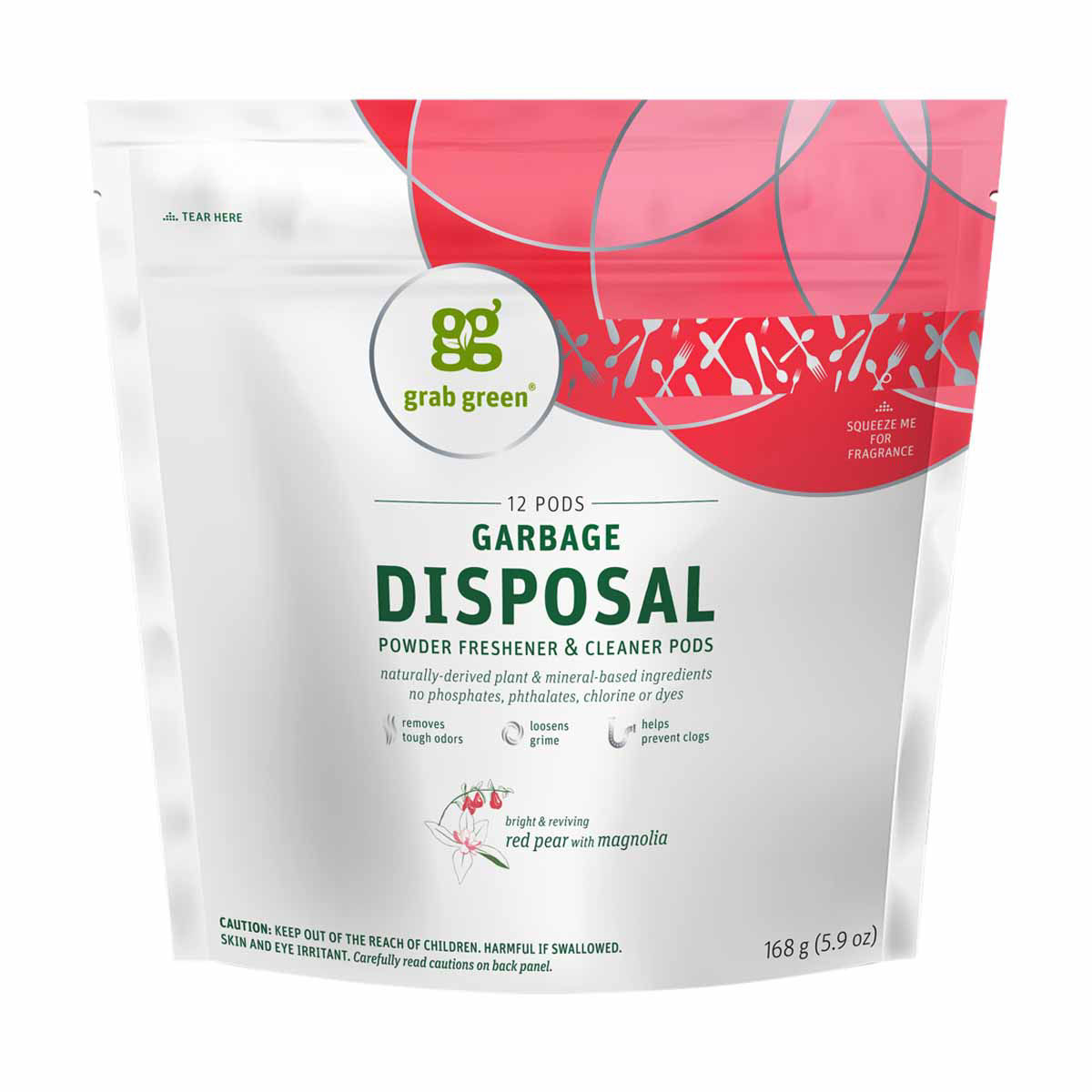Grab Green Garbage Disposal Freshener & Cleaner Pods, Red Pear with Magnolia, 12 ct