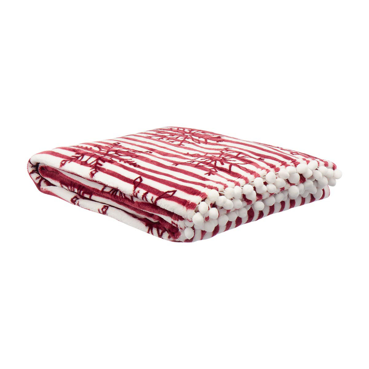 Christmas Throw with Pom Poms, Snowflake Striped