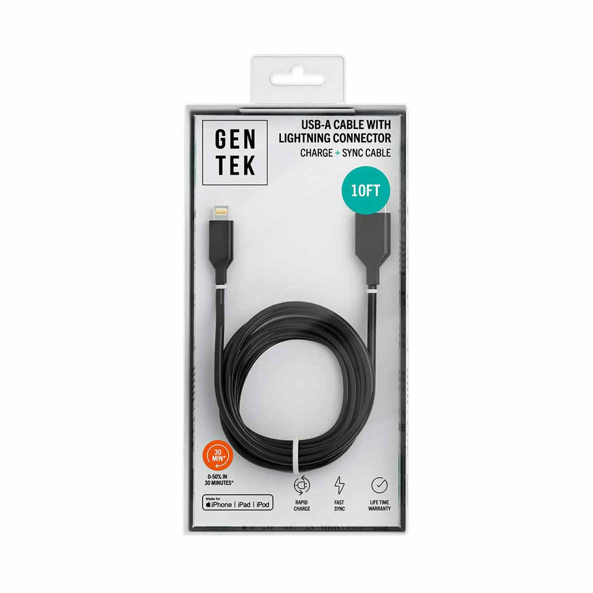 GENTEK USB-A to Lightning Phone Charger, Black, 10 ft