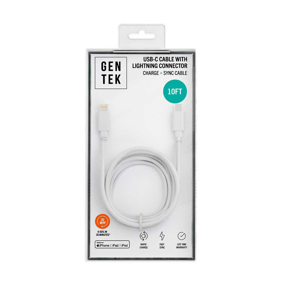 GENTEK USB-C to Lightning Phone Charger, White, 10 ft