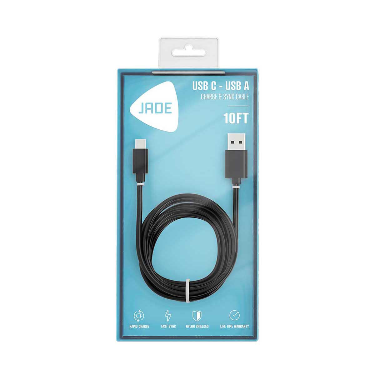 Jade USBA to USBC Phone Charge Cable, Black, 10 ft