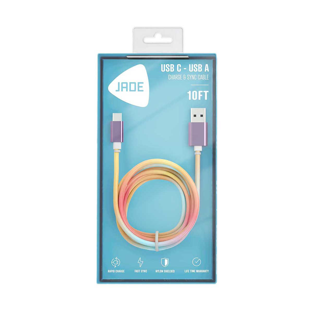 Jade USB-A to USB-C Phone Charge Cable, Rainbow, 10 ft