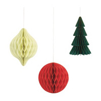 Hanging Red, Green, and Cream Tissue Paper Decorations, 3 ct