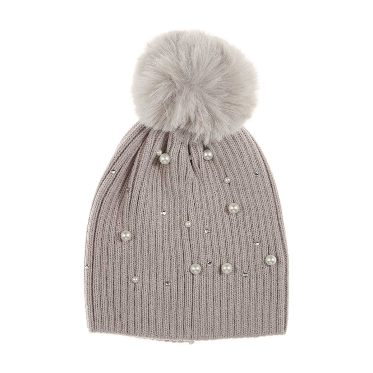 Embellished Beanie Winter Hat with Pom Pom, Taupe