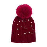 Embellished Beanie Winter Hat with Pom Pom, Sangria

