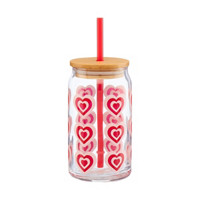 Valentine's Heart Glass Tumbler with Lid & Straw
