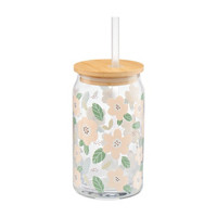 Floral Printed Glass Tumbler with Wooden Lid & Straw, 16 oz
