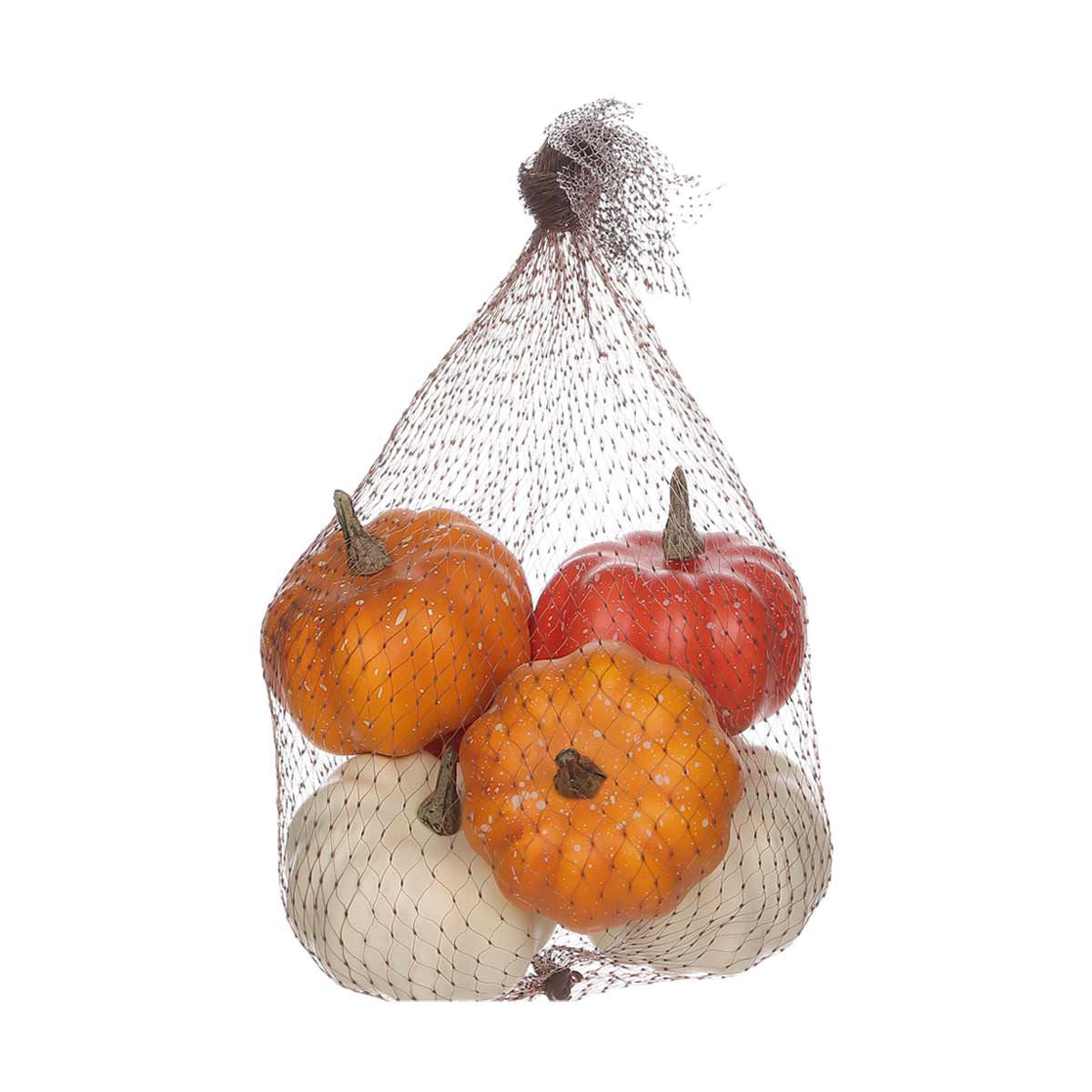 Net bag full of mini pumpkin embellishments in multiple fall colors.