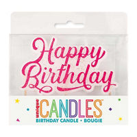 Pink Glitter Happy Birthday Pick Candle 1ct