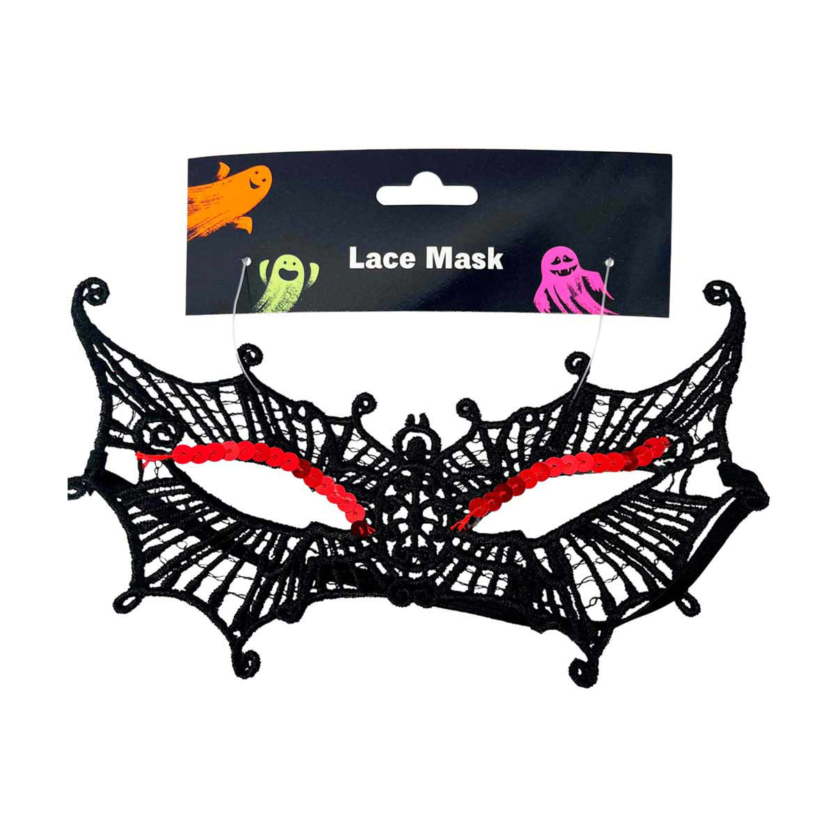 Halloween Black Lace Masquerade Mask with Red Sequin Accents Around the Eyes