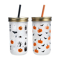 Glass Tumbler with Halloween Decals, Tin Lid and