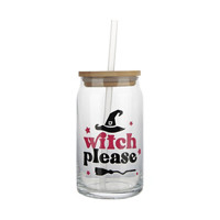 'Witch Please' Glass Tumbler with Wooden Lid and Straw