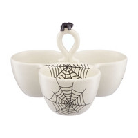 Halloween White Ceramic 3-Bowl Handled Server with Black Spider and Web Detailing