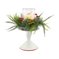 Christmas Pedestal Candleholder with Holiday Greenery and a Battery-Operated Pillar Candle