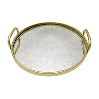 Etched Holly Glass Lined Metal Tray, Gold