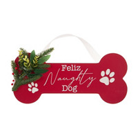 'Feliz Naughty Dog' Wooden Bone Wall Hanging