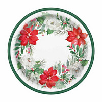 Unique Round Poinsettia Plates, 7 in, 8 ct