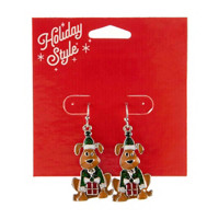 Holiday Style Christmas Dangling Dog with Gift Earrings