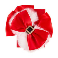 Christmas Red Hair Bow with White Fur and Rhinestone Buckle