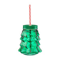 Green Glass Tree-Shaped Sipper Cup with Metal Lid and Plastic Straw