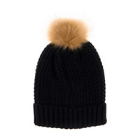 Knitted Pom Pom Beanie, Black