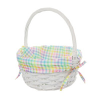 White Wicker Easter Basket with Pastel Plaid Fabric Lining and Handle, Small