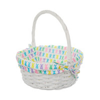 White Wicker Easter Basket with Bunny-Print Fabric Lining