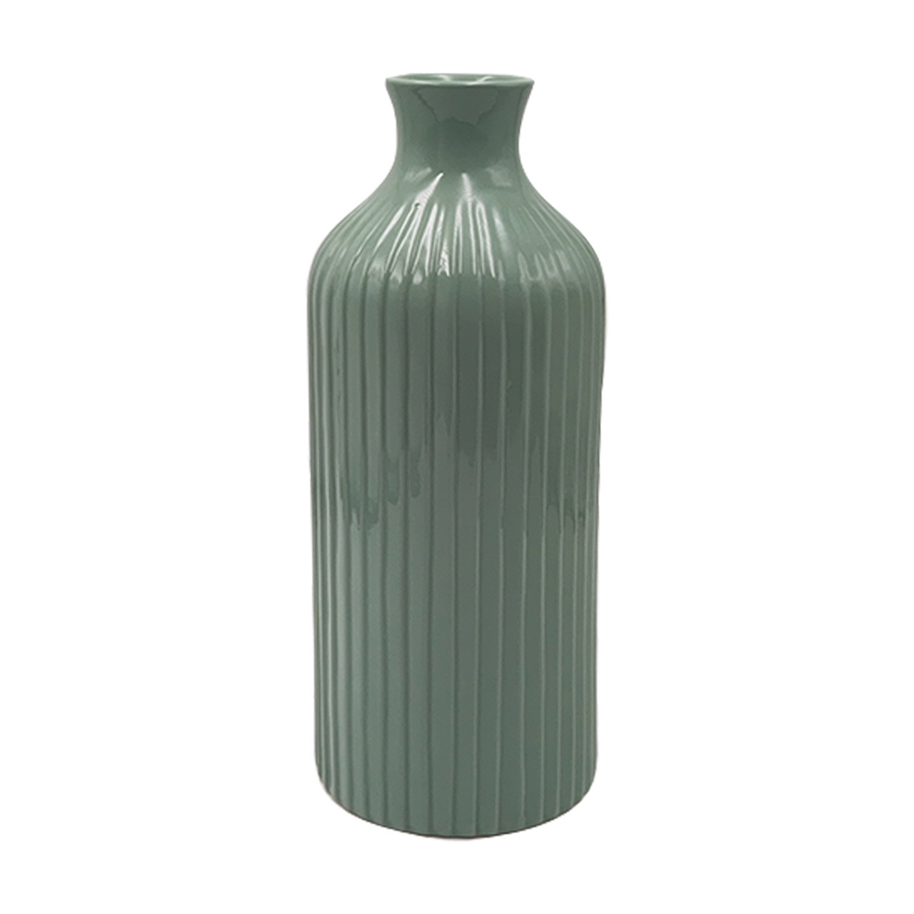 Ceramic Ribbed Vase, Green, 12 in