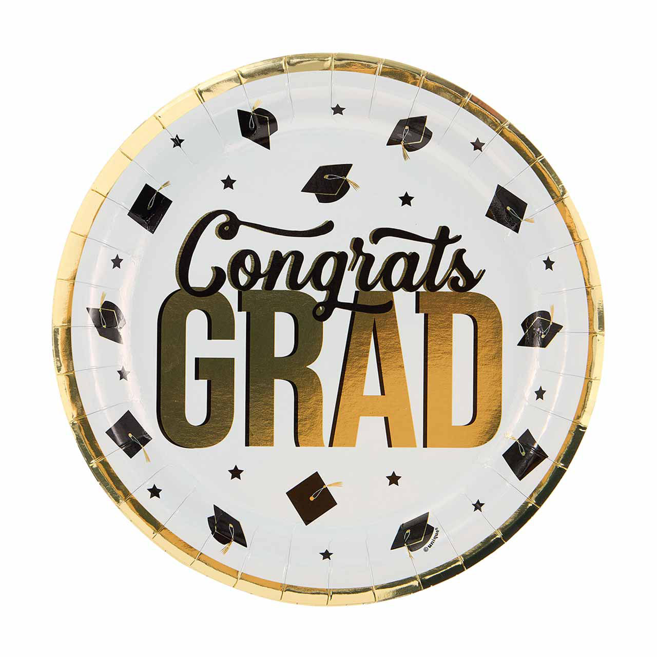 Black, gold & white "Congrats Grad" paper party plates, 9 in, 8 ct