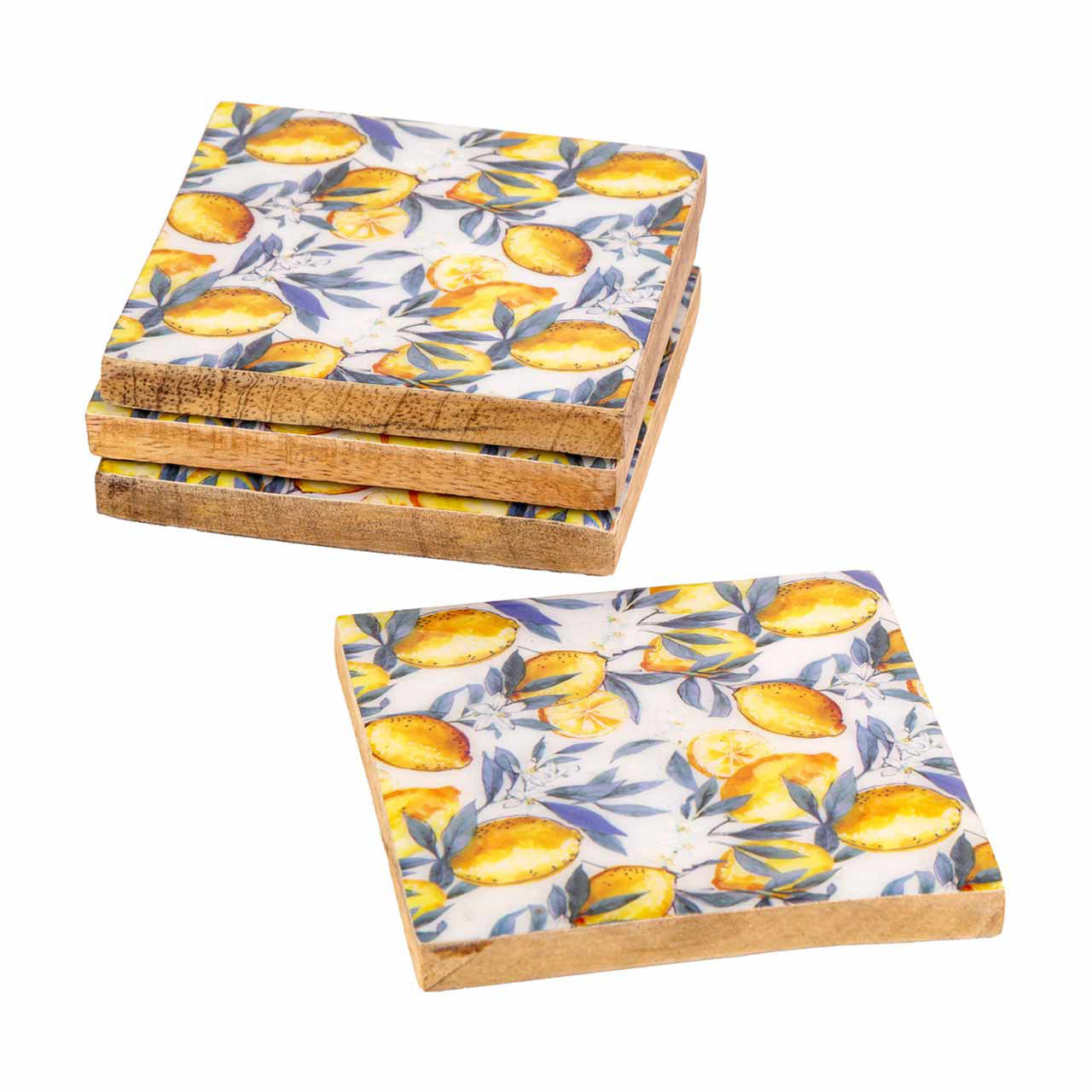 Wooden Coasters with Lacquered Lemon Design, Set of 4