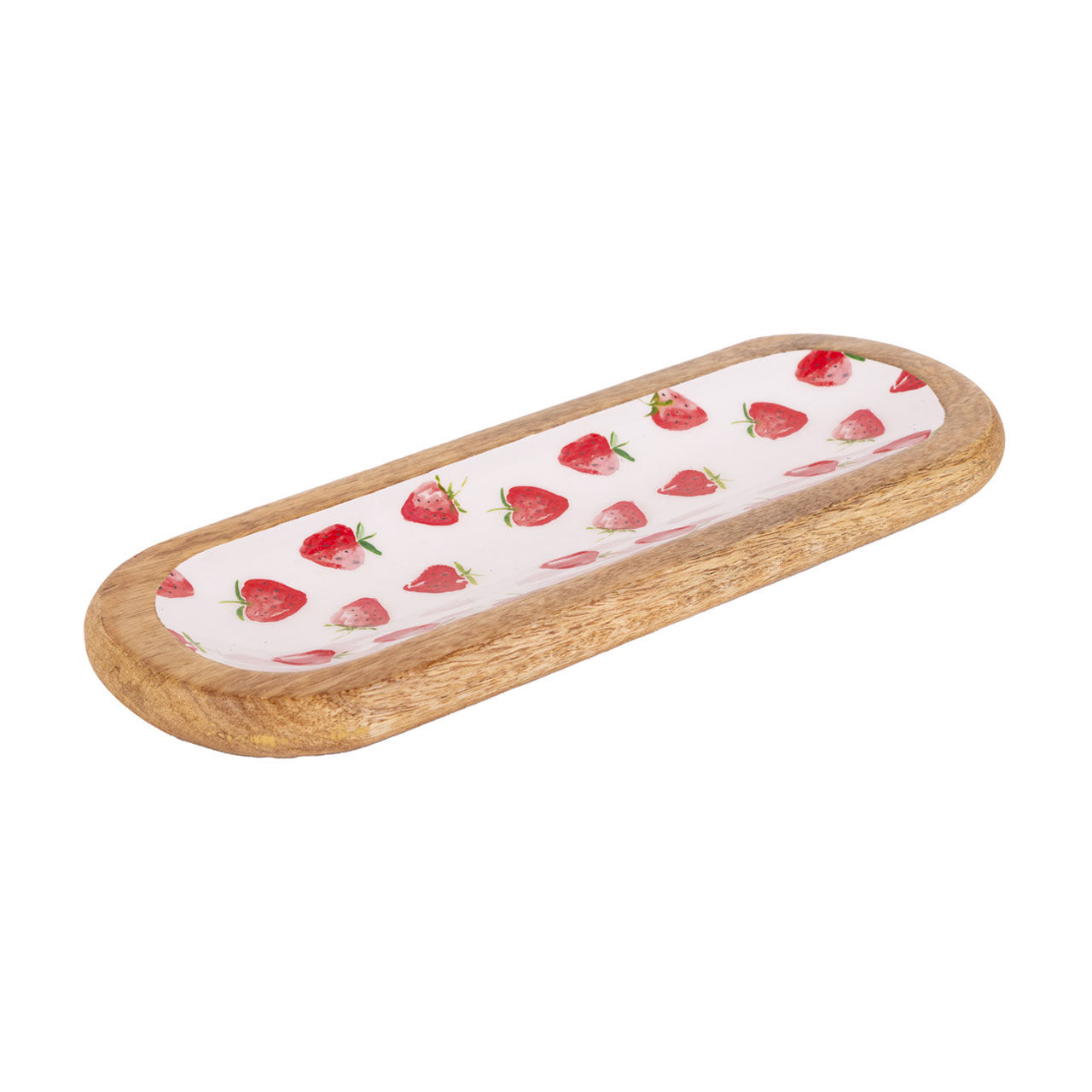 Strawberry-Printed Lacquered Wooden Oval Tray, 14 in