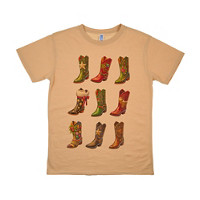 Christmas Cowboy Boots Tan T-Shirt, Size Medium