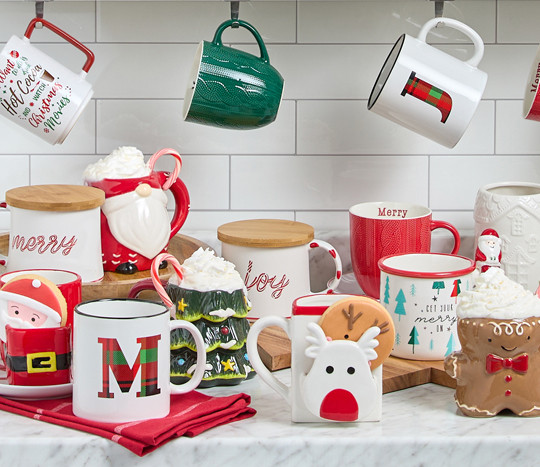 Festive holiday mugs in a variety of cheerful designs from pOpshelf.