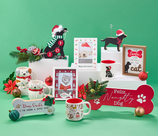 Pet-themed Christmas decor from pOpshelf: tabletop dog signs, photo frames, dog and cat mugs & more.