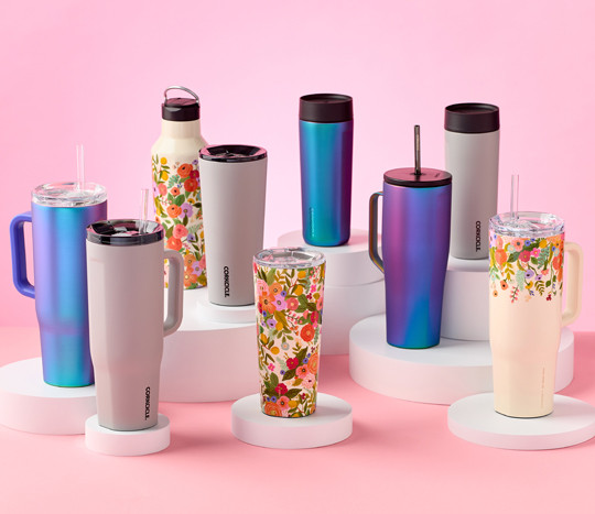 A variety of stainless-steel insulated cups and mugs from Corkcicle.