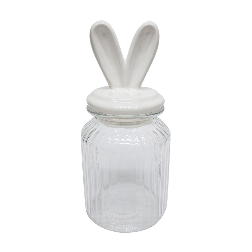 Easter Ribbed Glass Canister with Ceramic Bunny Ears Lid, Small