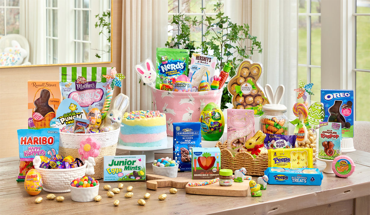 Easter candy & treats from pOpshelf: Reese's bunny, Ferrero Rocher bunny gift, Peeps, Lindt Gold Bunny & bagged candy, and more.