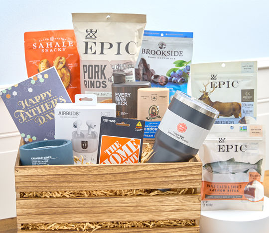 Father's Day basket built in wooden crate with jerky & pork rinds, Sahale snakcs, Every Man Jack and Dr, Squatch toiletries, gift cards, greeting card.