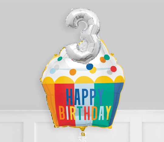 Jumbo foil 'Happy Birthday' cupcake balloon with a number 3 foil balloon attached.