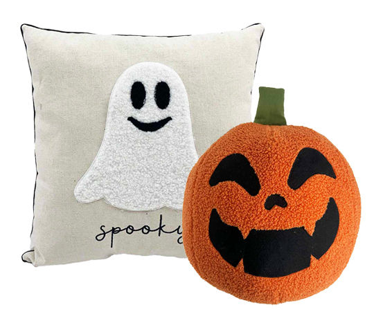 'Spooky' White Square Ghost Pillow and Decorative Sherpa Jack-o-lantern Pumpkin Pillow