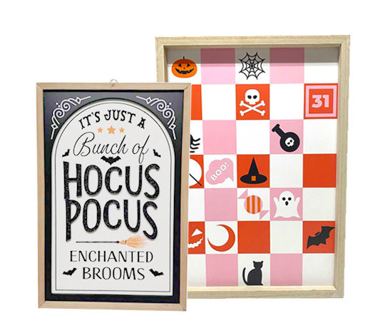 Decorative Pink and Orange-Checkered Spooky Wall Sign and Hocus Pocus Wall Sign