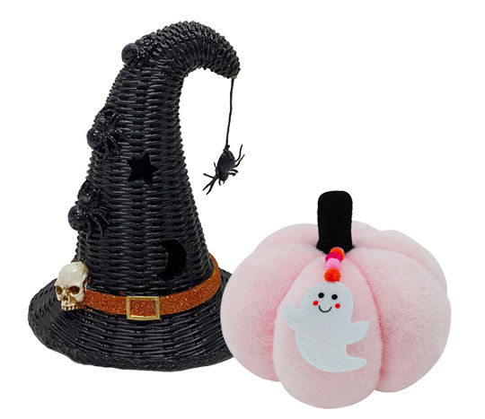 Halloween Light-Up Resin Witch Hat and Halloween Pink Plush Pumpkin Décor