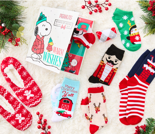 Festive holiday socks and slipper socks with cute Christmas designs: Reindeer, Santa stripes, Peanuts, Nutcracker, Penguin, and more.