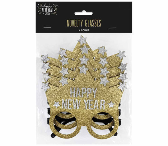 gold & silver felt & plastic happy new year novelty glasses 4ct