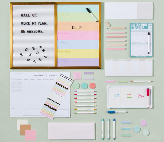 Desktop planners, calendars, dry-erase boards & markers, sticky note4s, markers & more for planning.