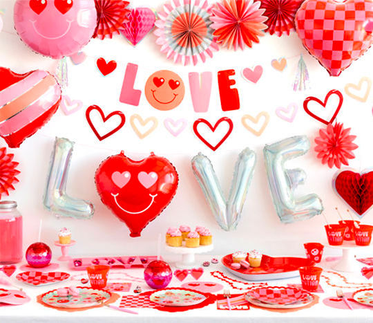 Valentine's party supplies from pOpshelf: paper party supplies, heart sippy cups, LOVE balloons, heart foil backdrop, favor bags, and more. 