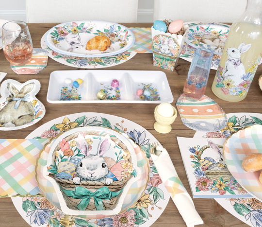 Easter gingham party supplies from pOpshelf: bunny-shaped plates, goodie boxes, bunny-themed large oval and round paper party plates & more.