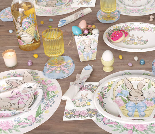 Easter party supplies from pOpshelf: bunny-shaped plates, goodie boxes, bunny-themed large oval and round paper party plates & more.