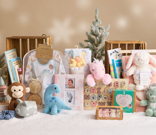Baby gifts from pOpshelf: Stuffed animals, books, piggy bank, blocks, clothes & more.