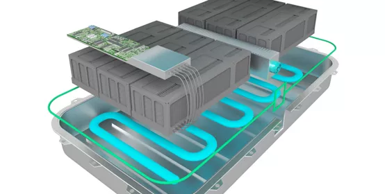 Exploded 3D EV battery pack showing silicone materials